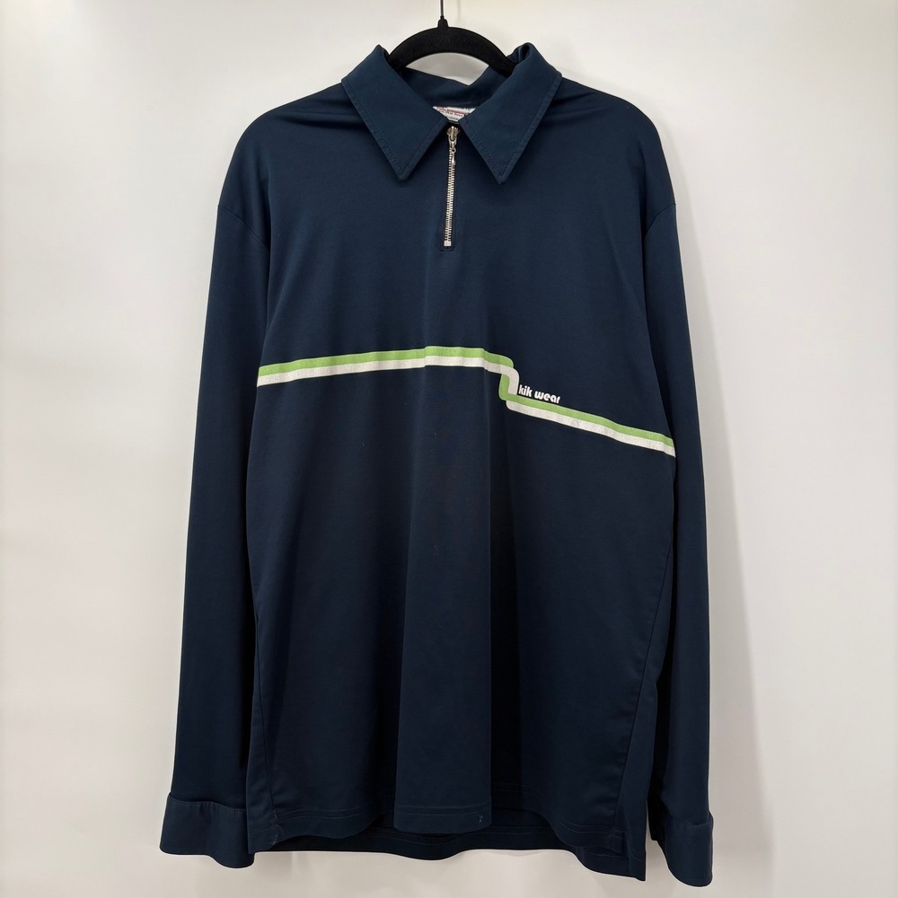 Kikwear Mens Large Vintage 90s Rave Streetwear Quarter Zip Polo Shirt Navy